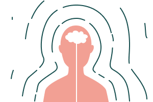 Dessin d'une silhouette montrant son cerveau et le lien qui descend dans tout son corps, une onde de trois halos émane d'elle 