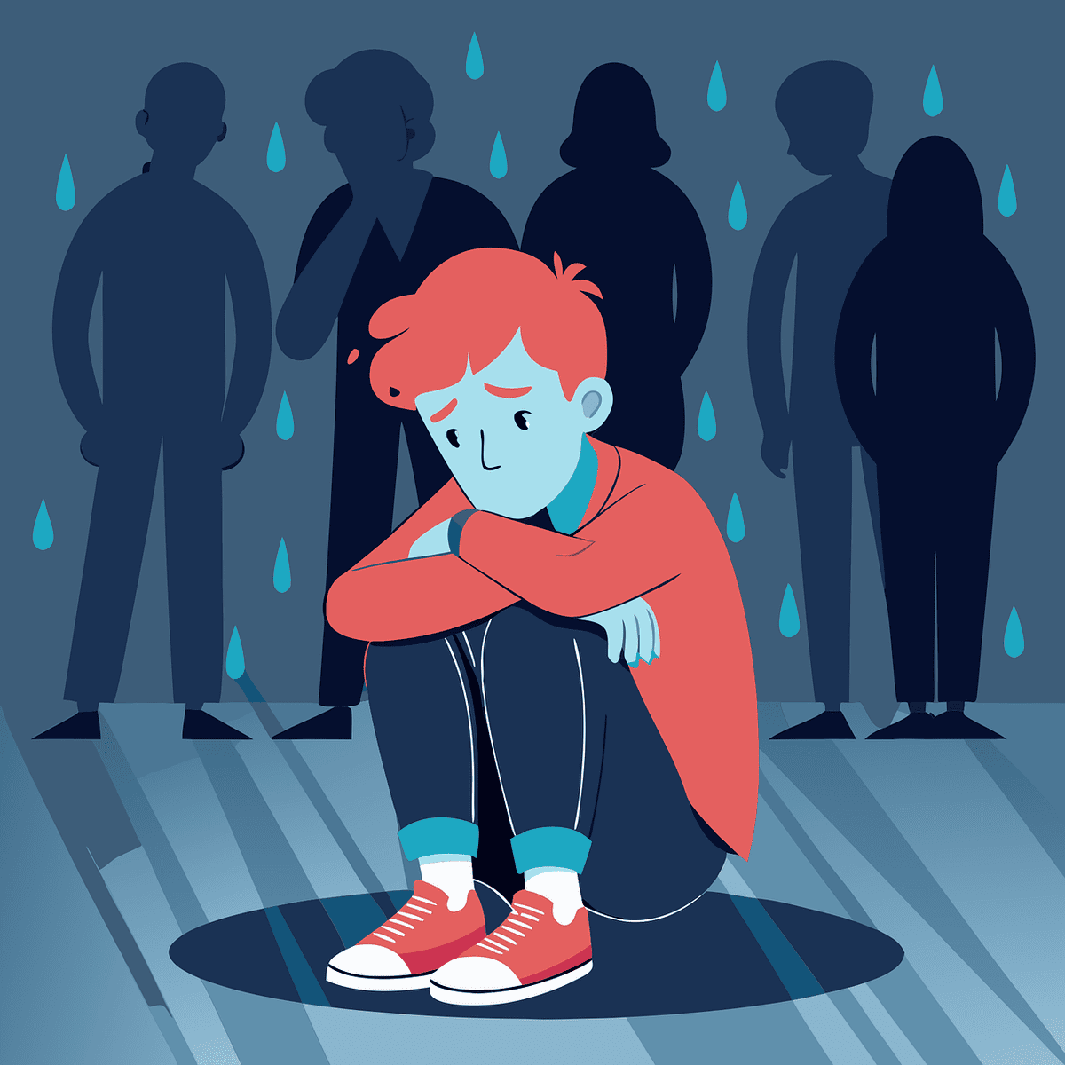 garçon triste et effrayé, assis seul par terre avec des harceleurs derrière lui